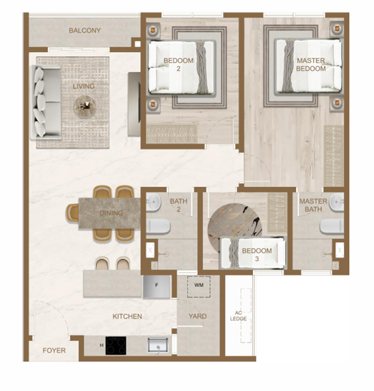 Skyline One Sentosa Tower B Type C 925 sqft 3 bedrooms 2 bathrooms floor plan Johor Bahru