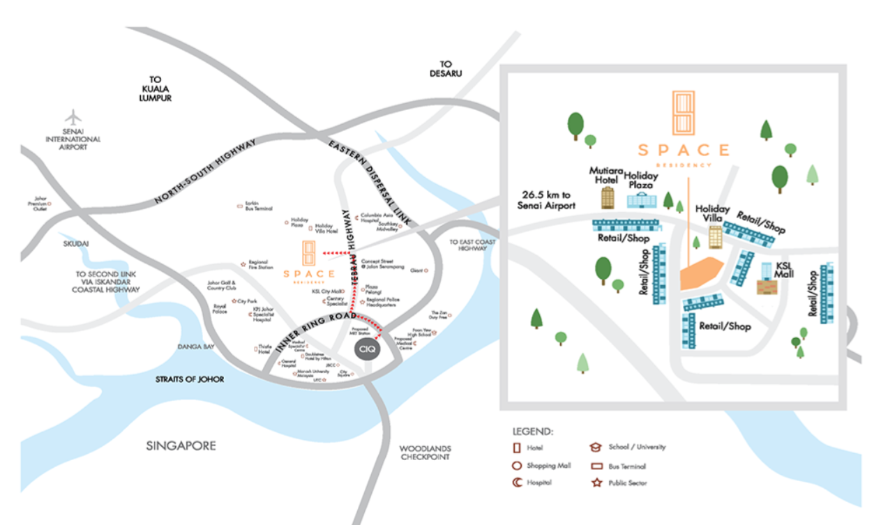 Space Residency Johor Bahru location map next to KSL City Mall near Holiday Plaza Taman Abad CIQ JB Sentral and RTS Bukit Chagar