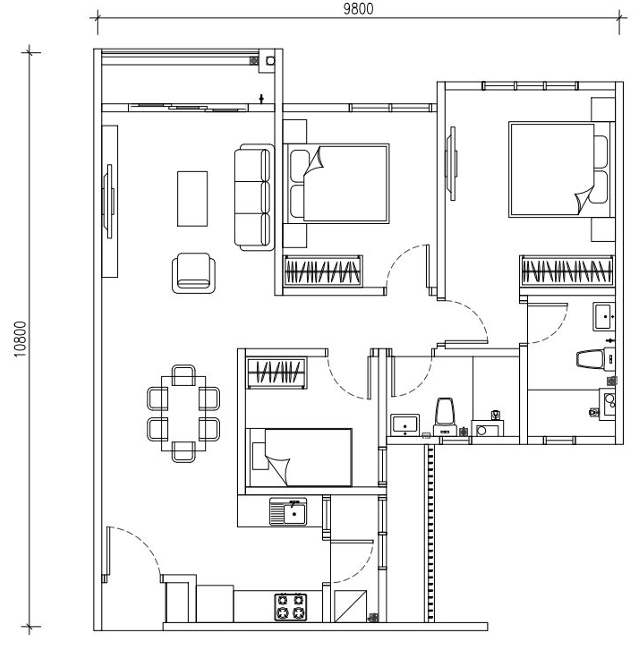 The Asteriaz Type B1 915 sqft 3 bedroom 2 bathroom balcony floor plan Kebun Teh Johor Bahru