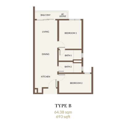 Aethera Residences Type B 693 sqft 2 bedroom 2 bathroom floor plan near RTS Johor Bahru