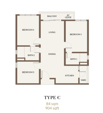 Aethera Residences Type C 904 sqft 3 bedroom 2 bathroom floor plan near RTS Johor Bahru