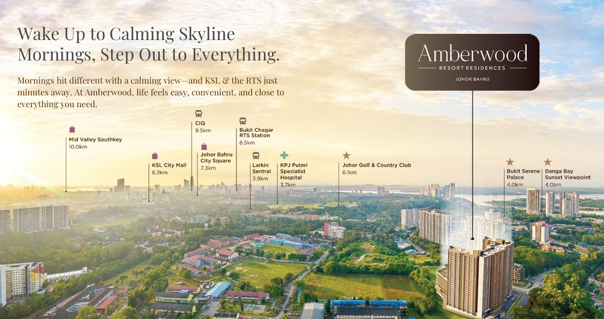Amberwood Resort Residences location map near Jalan Muafakat Larkin Bukit Chagar RTS CIQ KSL City Mall Paradigm Mall and Johor Bahru city centre