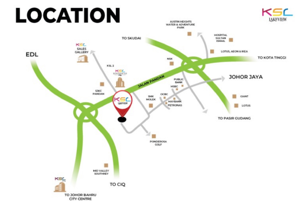 KSL Lakeview location map near Taman Molek Johor Jaya EDL Jalan Tebrau Highway Pasir Gudang Highway CIQ and KSL City Johor Bahru