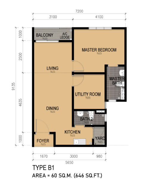 KSL Lakeview Type B1 646 sqft 1 plus 1 bedroom 2 bathrooms floor plan Taman Ponderosa Johor Bahru
