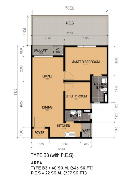 KSL Lakeview Type B3 646 sqft plus 237 sqft private garden 1 plus 1 bedroom 2 bathrooms floor plan