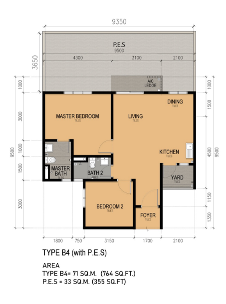 KSL Lakeview Type B4 764 sqft plus 355 sqft private garden 2 bedrooms 2 bathrooms floor plan
