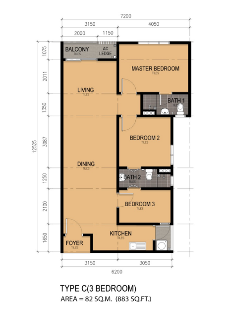 KSL Lakeview Type C 883 sqft 3 bedrooms 2 bathrooms floor plan Taman Ponderosa Johor Bahru