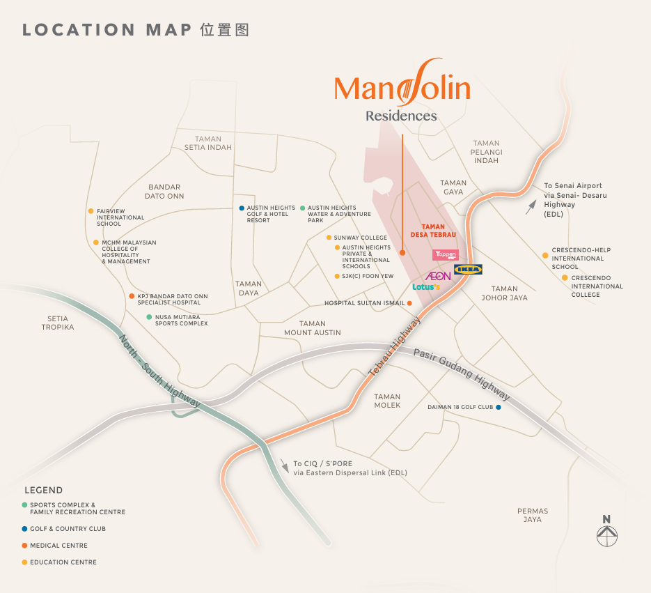 Mandolin Residences location map near IKEA Tebrau AEON Tebrau Toppen Hospital Sultan Ismail and Taman Desa Tebrau