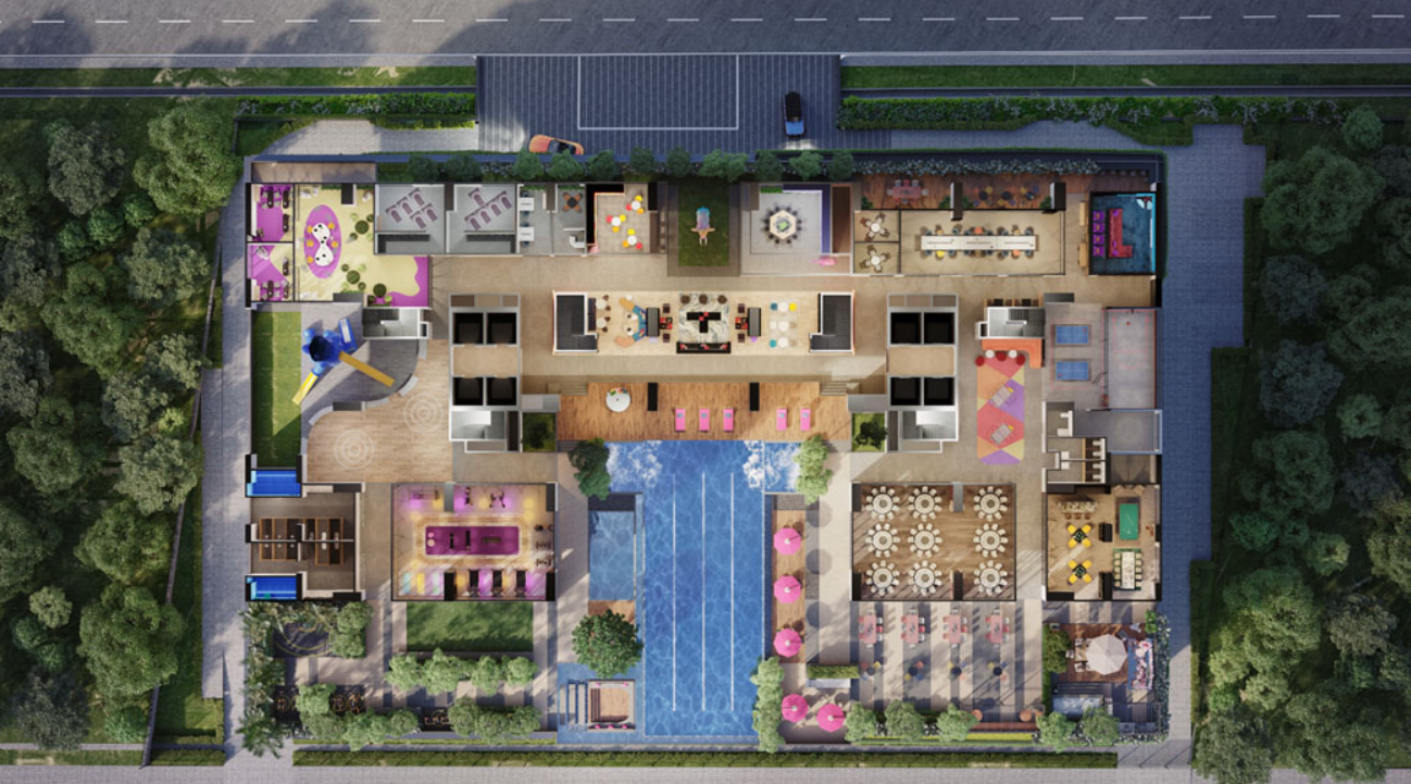 Summer Suites facilities plan with swimming pool jacuzzi gym co-working space karaoke room lounge and BBQ area