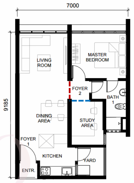 The Straits View DUO Type A 645 sqft 1 plus 1 bedroom 1 bathroom floor plan Permas Jaya