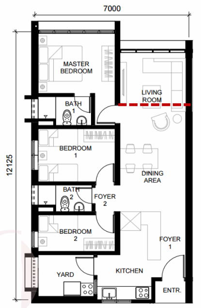 The Straits View DUO Type B 882 sqft 3 bedroom 2 bathroom floor plan Permas Jaya