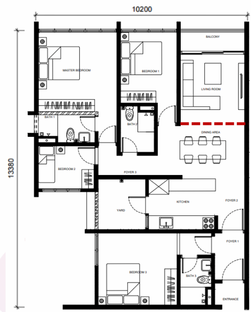The Straits View DUO Type C 1291 sqft 4 bedroom 3 bathroom dual key floor plan Permas Jaya
