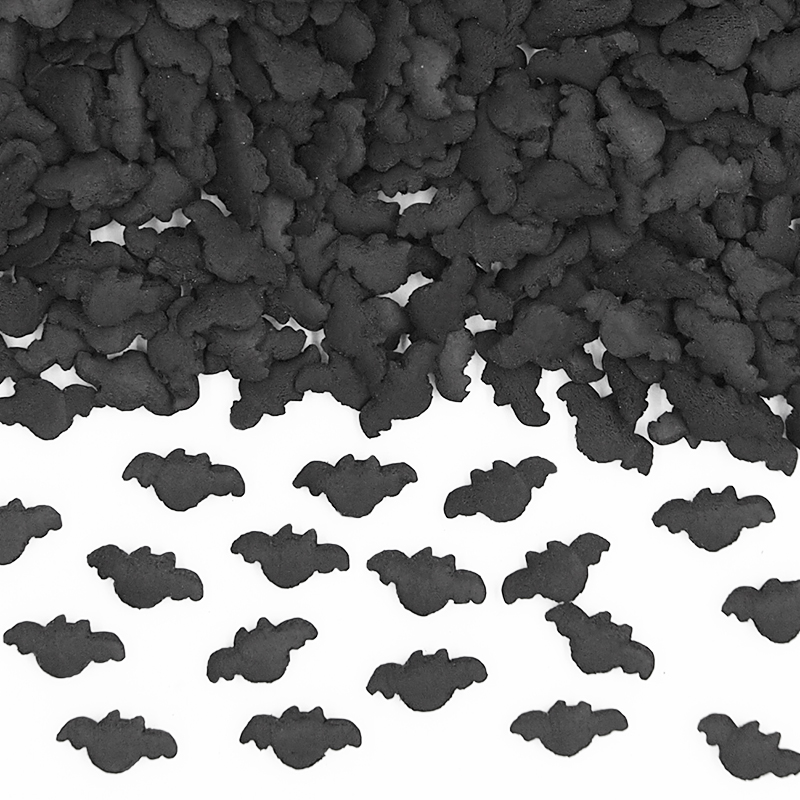 Bulk industrial black and purple bat-shaped sprinkles for wholesale Halloween bakery production.