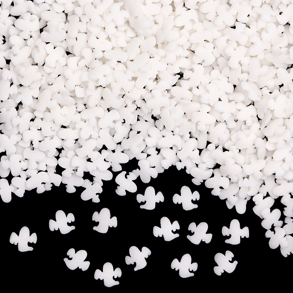 Bulk solid pure white ghost-shaped sprinkles, E171-free and natural, for industrial Halloween bakery production.