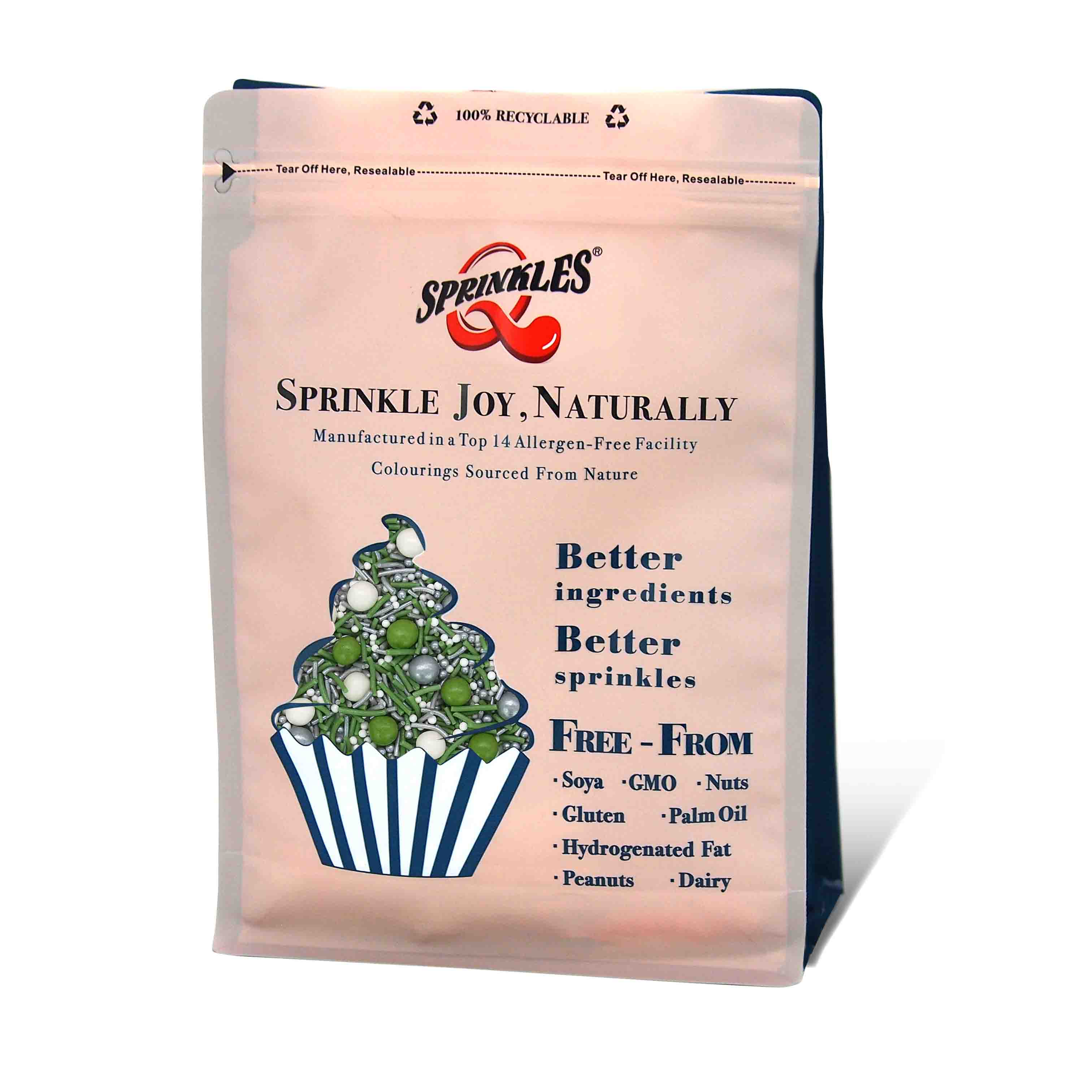 Frosted Evergreen natural Christmas sprinkles mix bulk wholesale E171-free top 14 allergen-free industrial bakery BRC certified