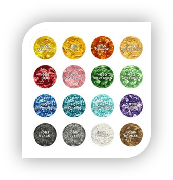 Close-up of premium kosher and dairy-free edible shimmer flakes showing the 16 available color options for large-scale manufacturing.