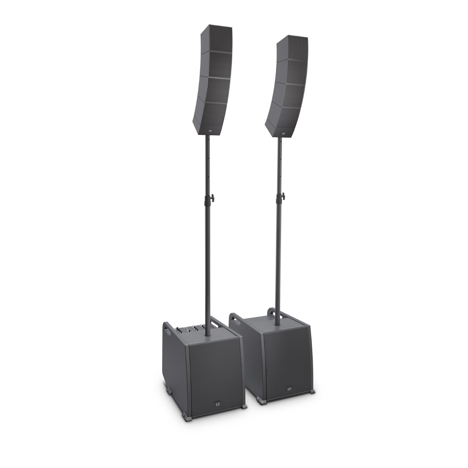 Sleek LD Systems Curv 500PS column array speaker with subwoofer for luxury showrooms and shopping mall roadshows.