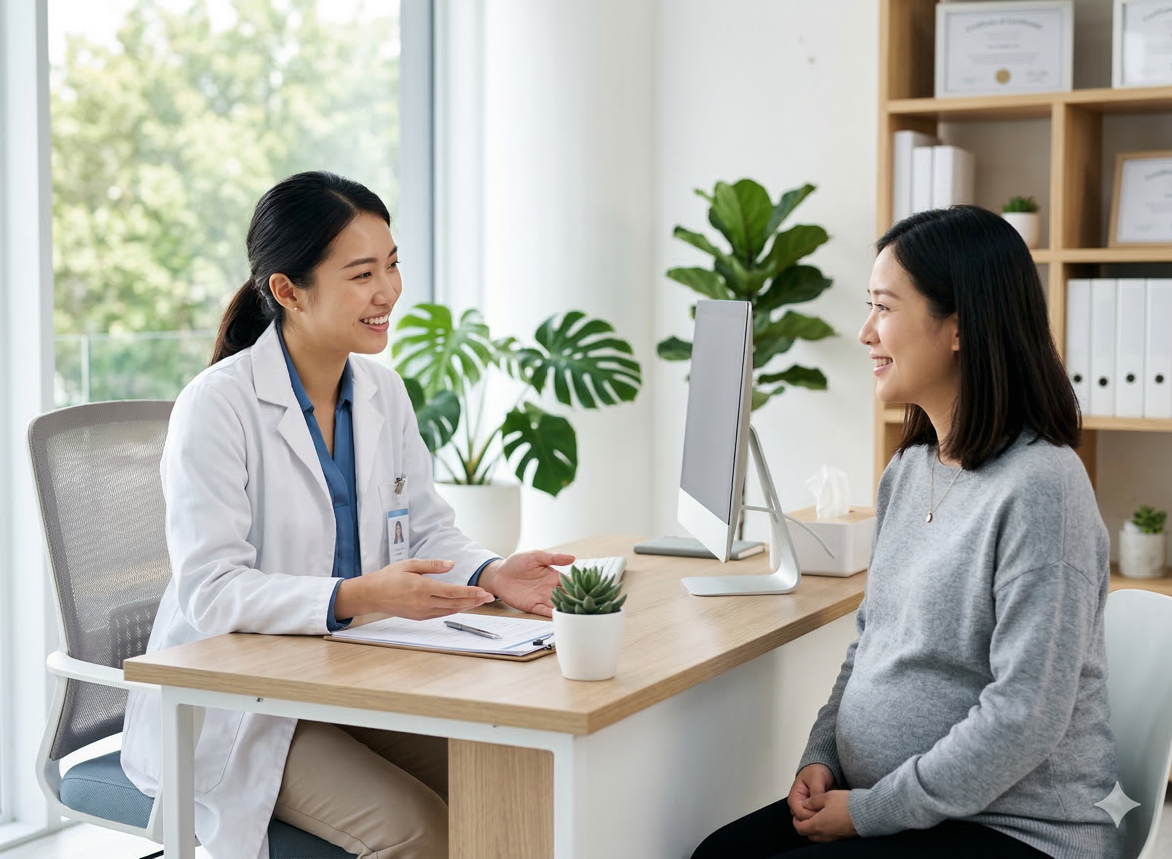 柔佛新山Klinik Caring女医生向孕妈妈解释产前筛查结果
