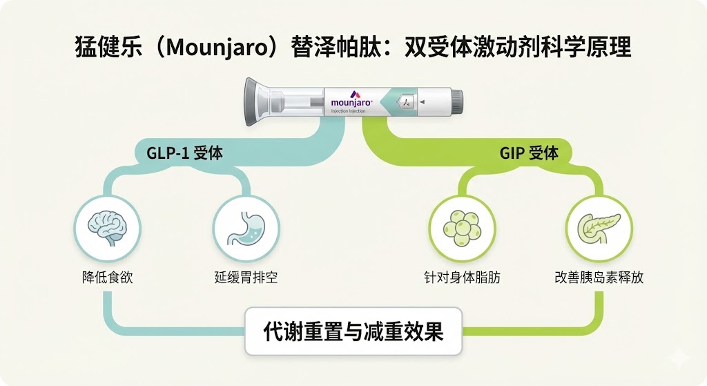 猛健乐 Mounjaro 替泽帕肽 Tirzepatide 减重原理图，GLP-1 与 GIP 双受体激动剂科学解析，Klinik Caring 士姑来 Skudai 新山医疗减重中心