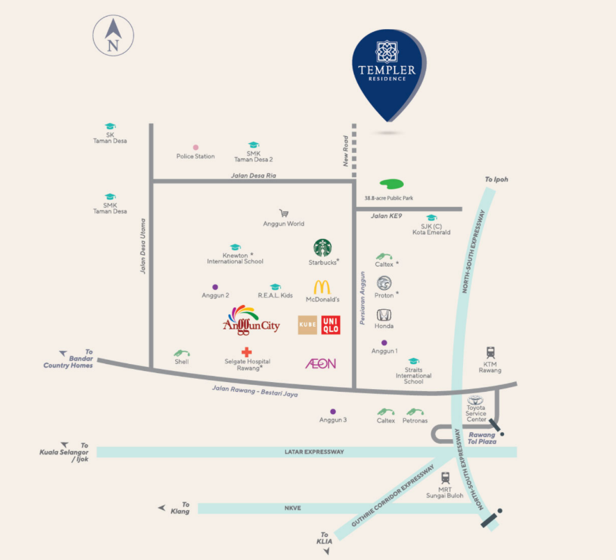 Templer Residence Location Map showing AEON Rawang and highways