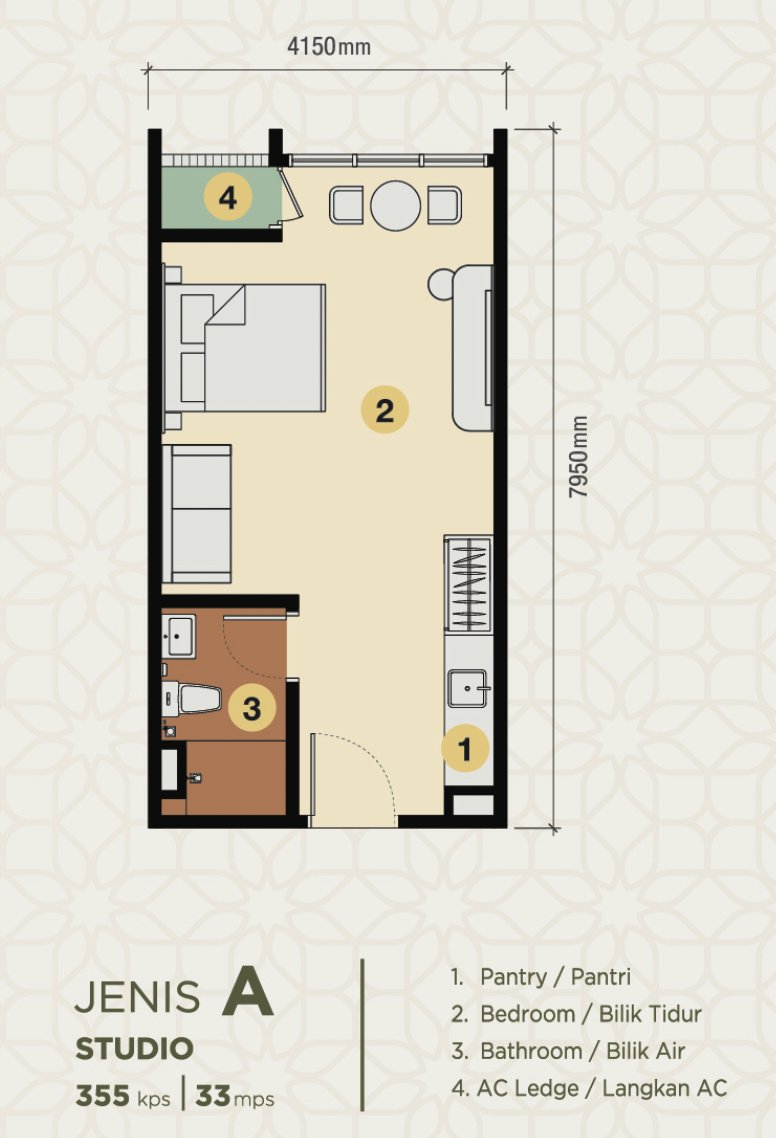 EXSIM Erinaz Suites Type A Studio Floor Plan
