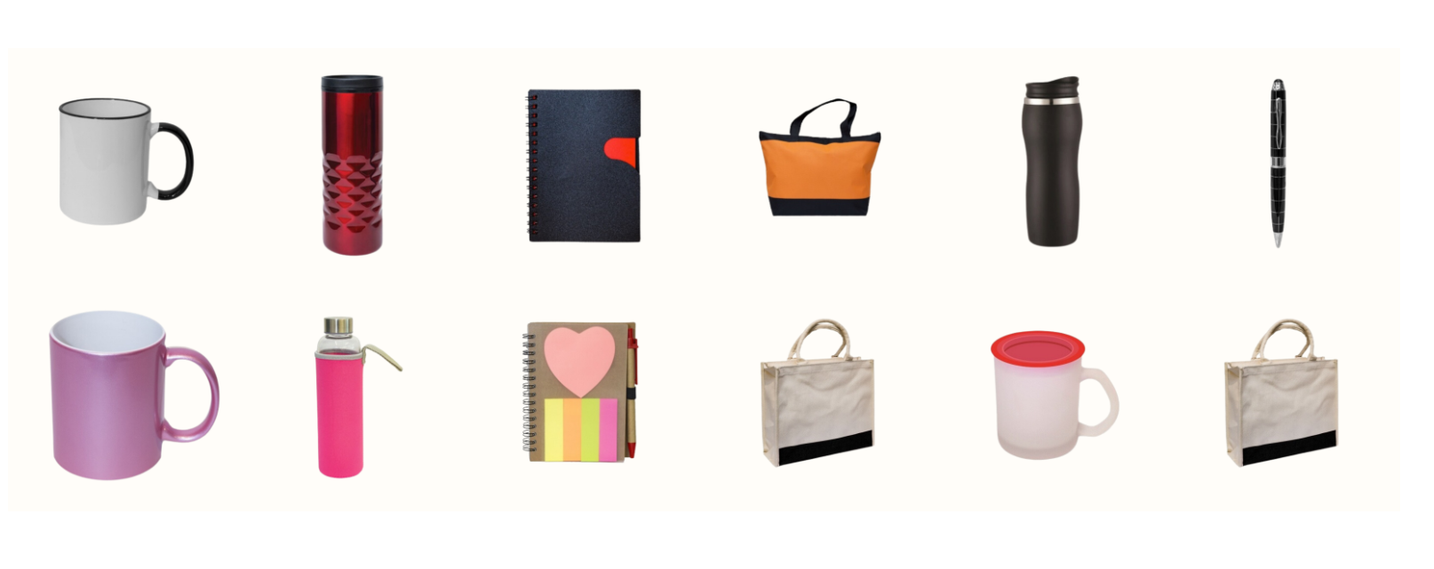 Corporate gift product selection including mug, bottle, notebook, bag and pen