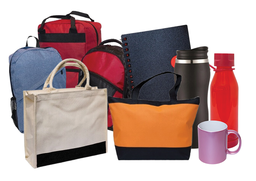 Corporate gift items including bags, notebook, bottles and mug